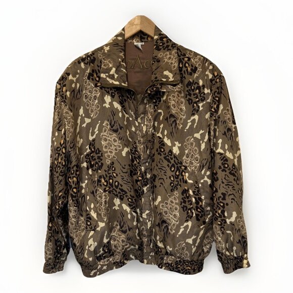 Vtg 80s coAco Womens Silk Bomber Jacket L Brown‎ Animal Print Oversized Mobwife - Picture 1 of 10